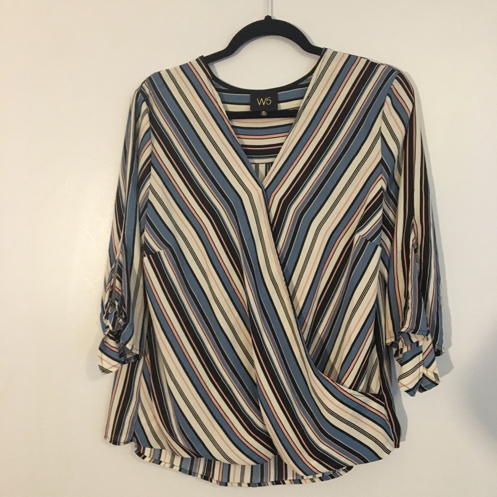 Patterned V-Neck Mock Wrap Shirt